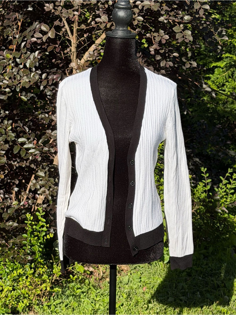 Worthington White Ribbed Cardigan with Black Trim